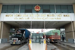 满载货物的集装箱卡车在老街金城2号国际口岸等待通关。图自越通社