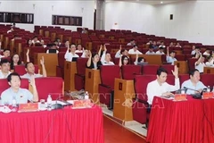 参会代表表决通过各项决议。图自越通社