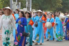 同塔省5500名妇女身穿传统奥黛参加“闪耀莲花”游行。图自越通社