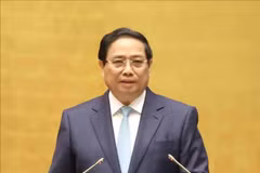 越共中央政治局委员、越南政府总理范明政作了题为《2024年经济社会形势及加快2025年经济社会发展解决方案》的专题报告。图自越通社