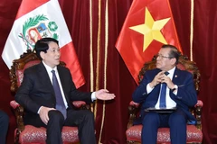 越南国家主席梁强会见秘鲁国会主席爱德华多·萨卢安纳。图自越通社