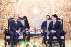 越共中央政治局委员、中央书记处常务书记梁强在河内接受中国驻越大使熊波辞行拜会。图自越通社