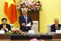 越南国会副主席汪周刘在见面会上发表讲话。