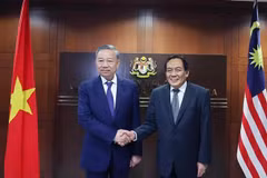 越共中央总书记苏林会见马来西亚上议院议长阿旺比米。图自越通社