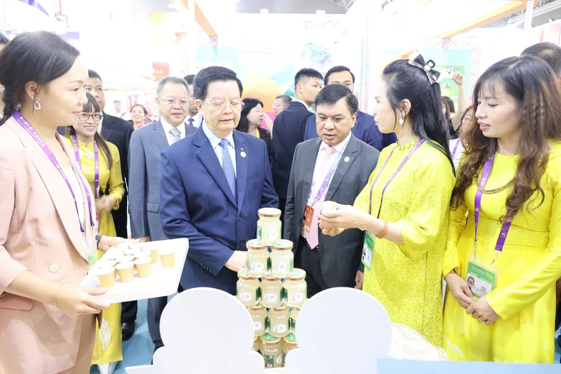 越南政府副总理梅文政参观越南企业的展位。图自越通社