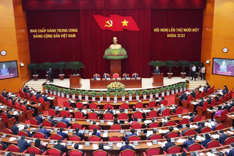 越共第十三届中央委员会第十一次全体会议场景。图自越通社