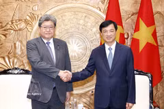 越共中央组织部部长阮维玉会见日本自民党代理干事长萩生田光一。图自越通社