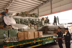 谅山省友谊国际口岸海关力量对进口车辆及货物实施监管。图自越通社