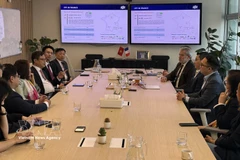 越南驻法国大使郑德海及大使馆工作代表团到访位于巴黎拉德芳斯区的FPT集团办公室。图自越通社