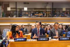 越南常驻联合国团团长杜雄越大使（中）在座谈会上发言。图自越通社