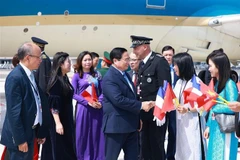 越南驻法国大使丁全胜及使馆干部、职员热烈欢迎范明政总理。图自越通社