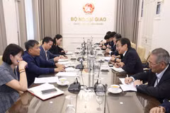 越共中央委员、外交部常务副部长阮明羽在外交部总部会见了出光兴产株式会社（Idemitsu Kosan）代表董事兼副总裁平野敦彦。越南外交部供图