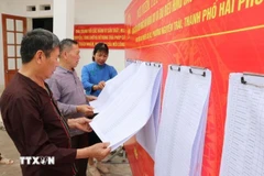 海防市阮廌坊居民查看选民名单。图自越通社