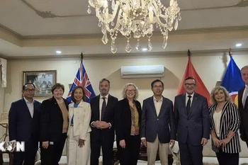 越南驻澳大利亚大使范雄心（右四）、澳大利亚-越南友好议员小组主席莎伦·克莱登（右五）与各位主要成员合影。图自越通社