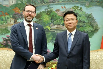 越南政府副总理黎成龙与英国驻越南特命全权大使伊恩·弗鲁亲切握手。图自越通社