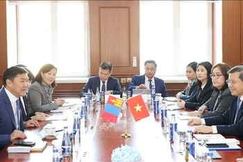 越南最高人民法院代表团与蒙古国最高法院举行工作会谈。图自越通社