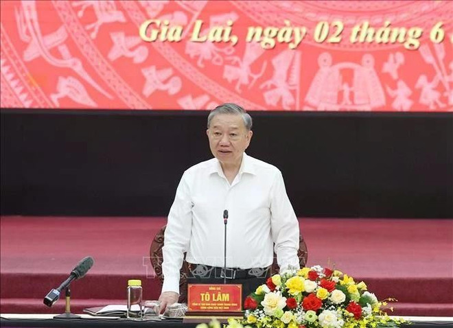 6月2日上午,越共中央总书记苏林率领中央工作代表团与嘉莱省委常委会和平定省委常委会召开工作会谈。图自越通社 tong-bi-thu-to-lam.jpg