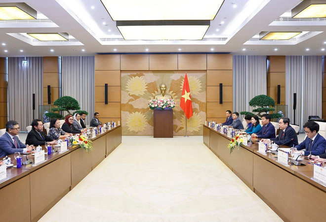 越南国会主席陈青敏会见印度尼西亚地方代表理事会副主席。图自越通社 vna-potal-chu-tich-quoc-hoi-tran-thanh-man-tiep-pho-chu-tich-thuong-vien-indonesia-yorrus-raweyai-8142058.jpg