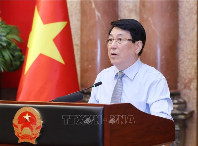 国家主席梁强在见面会上发言。图自越通社 cuong-10625a.jpg