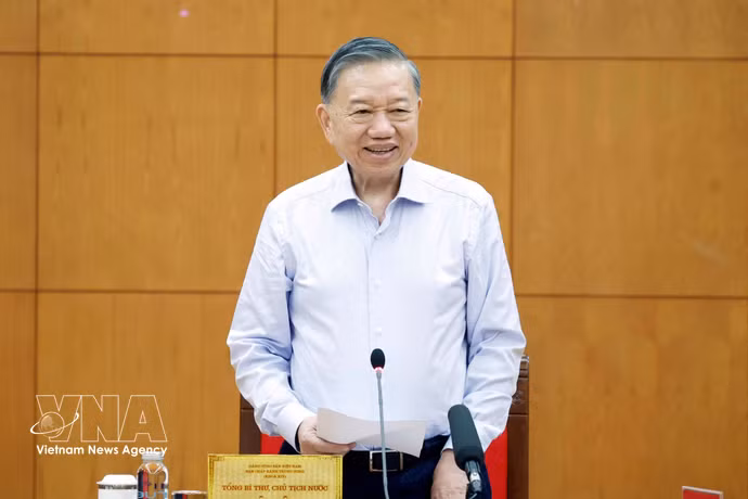 越共中央总书记、国家主席苏林在会议上发表讲话。图自越通社