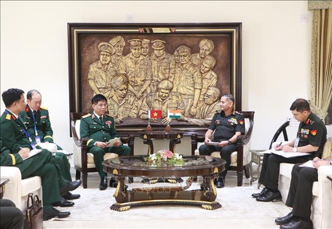 阮文义上将礼节性拜会了印度国防部长拉杰纳特·辛格。图自越通社 llgghb2-161025.jpg