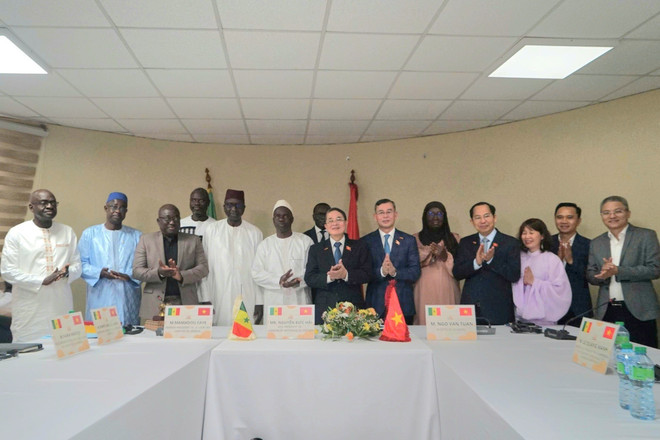 双方代表合影。图自越通社 vna-potal-pho-chu-tich-quoc-hoi-nguyen-duc-hai-lam-viec-voi-chu-tich-toa-tham-ke-senegal-8169867.jpg