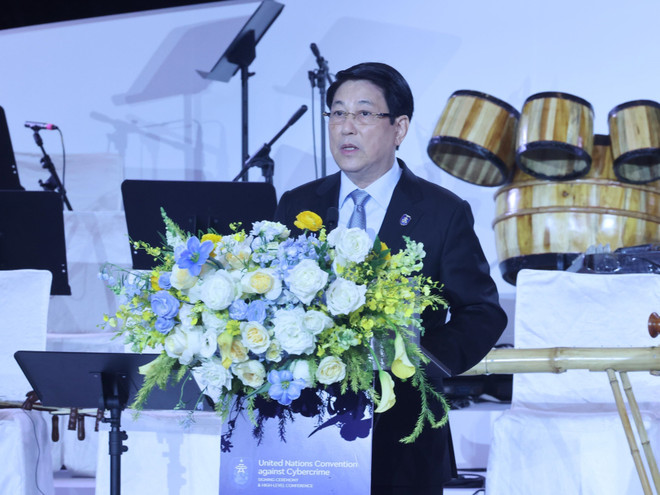 越南国家主席梁强发表讲话。图自越通社 vna-potal-chu-tich-nuoc-luong-cuong-chu-tri-chieu-dai-cac-doan-tham-du-le-mo-ky-cong-uoc-ha-noi-8363340.jpg