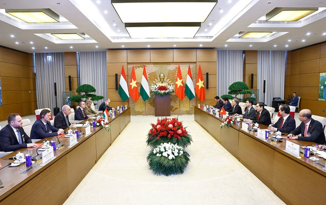 会见场景。图自越通社 vna-potal-chu-tich-quoc-hoi-tran-thanh-man-hoi-kien-tong-thong-hungary-8059961.jpg