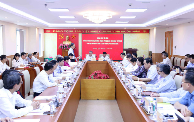会议场景。图自越通社 vna-potal-tong-bi-thu-lam-viec-voi-ban-chinh-sach-chien-luoc-trung-uong-ve-quan-ly-thi-truong-vang-8060432.jpg