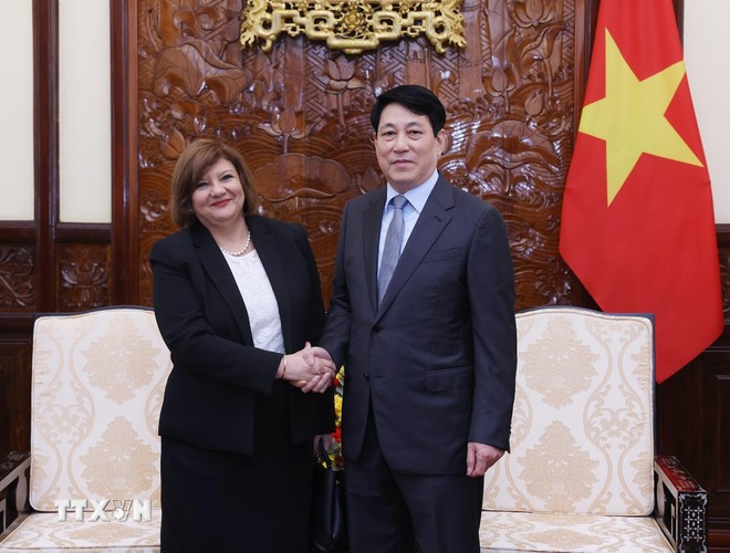 7月1日下午,国家主席梁强会见即将结束在越南任期前来辞行的埃及大使阿玛尔·阿卜杜勒·卡德尔·埃尔莫尔西·萨拉玛。图自越通社 chu-tich-nuoc-luong-cuong-ai-cap.jpg