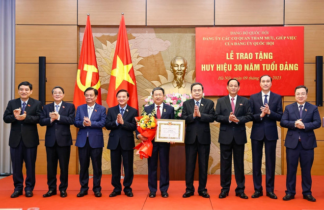 越南国会主席陈青敏出席武海河同志党龄30年党徽授予仪式。图自越通社 vna-potal-chu-tich-quoc-hoi-tran-thanh-man-trao-tang-huy-hieu-30-nam-tuoi-dang-cho-dong-chi-vu-hai-ha-8139631.jpg
