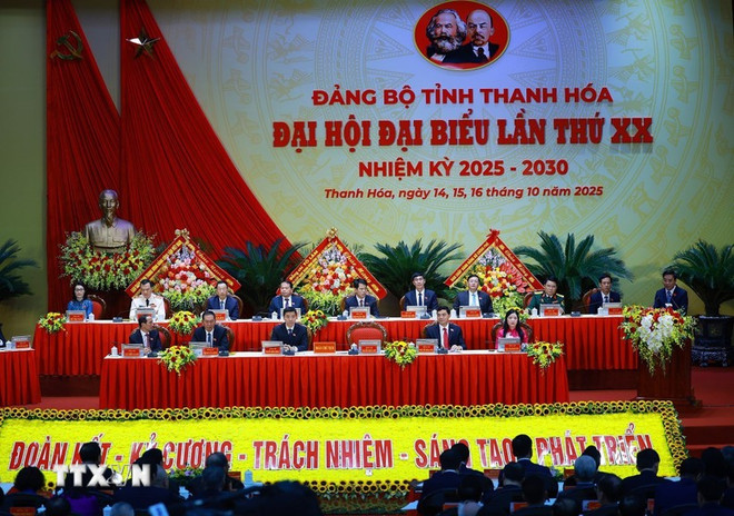 会议现场。图自越通社 thu-tuong-pham-minh-chinh-du-dai-hoi-dai-bieu-dang-bo-tinh-thanh-hoa-lan-thu-xx-8339509-5.jpg