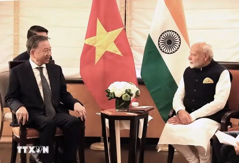 越共中央总书记、国家主席苏林(左）会见印度总理莫迪。图自越通社