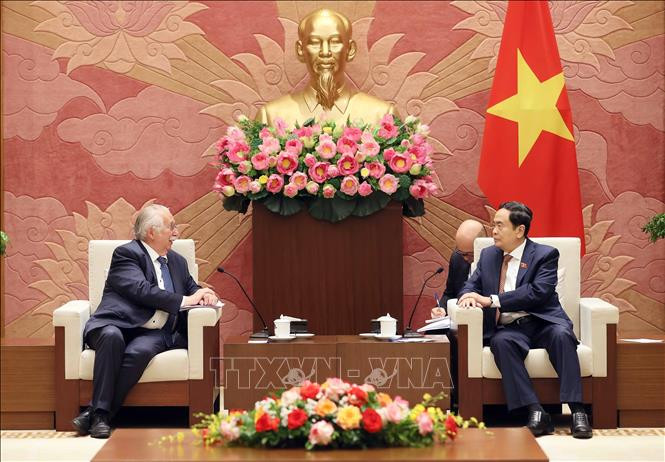 越共中央政治局委员、越南国会常务副主席陈青敏在河内会见比利时国务大臣、众议院前议长安德烈·弗拉奥。图自越通社