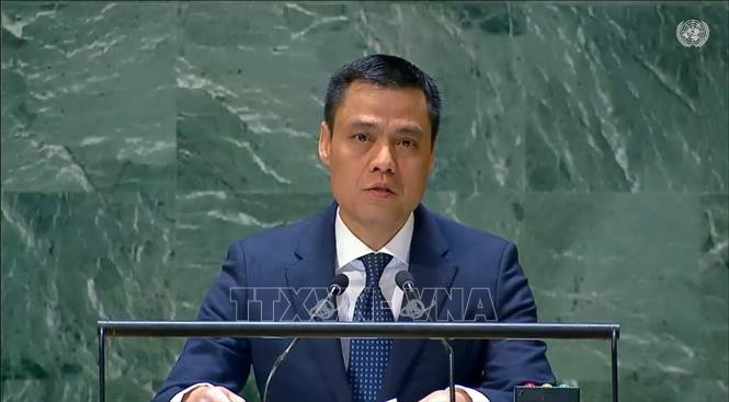 越南常驻联合国代表团团长邓黄江在庆典上发表讲话。图自越通社
