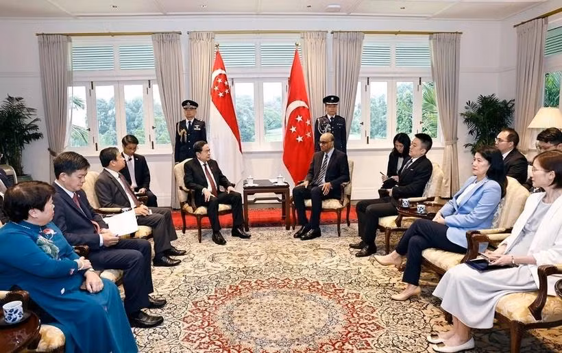 越南国会主席陈青敏会见新加坡总统尚达曼。图自越通社