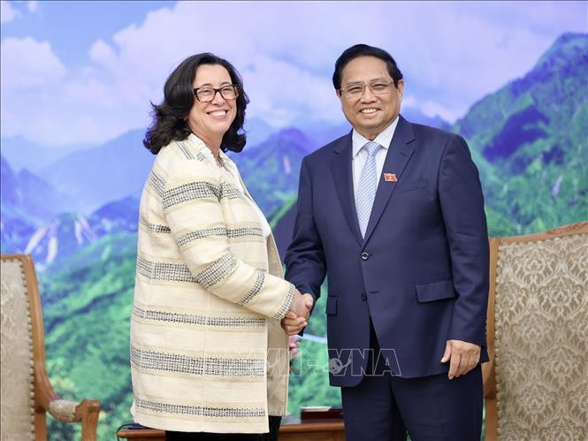 越南政府总理范明政在政府总部会见世行曼努埃拉·费罗。图自越通社