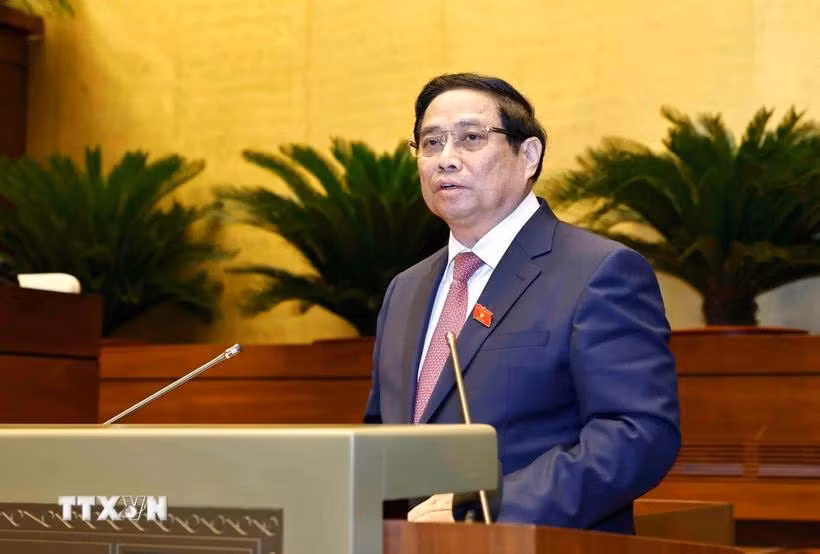 越南政府总理范明政发表讲话。图自越通社