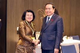 越南国会主席陈青敏会见柬埔寨国会主席昆索达莉。图自越通社
