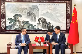 越南驻中国大使范清平（左）会见中国共青团中央书记处第一书记阿东。图自越通社