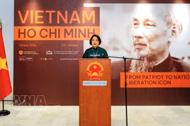 越南驻希腊大使范氏秋香发表讲话。图自越通社