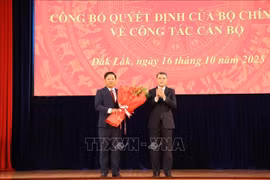 政治局委员、党中央书记、中央组织部部长黎明兴向梁阮明哲同志授予任免决定书。图自越通社