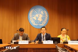 越南常驻联合国日内瓦办事处和瑞士其他国际组织代表团团长梅潘勇发表讲话。图自越通社