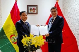 裴文议大使向米格尔·安赫尔·佩雷斯发放关于重新任命越南驻玻利维亚名誉领事的决定。图自越通社
