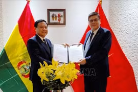 裴文议大使向米格尔·安赫尔·佩雷斯发放关于重新任命越南驻玻利维亚名誉领事的决定。图自越通社
