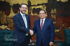 越南政府总理范明政会见英国驻越南大使伊恩·弗鲁。图自越通社