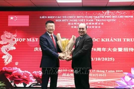 胡志明市友好组织联合会副主席兼秘书长胡春林（右）和中国驻胡志明市总领事唐立。图自越通社