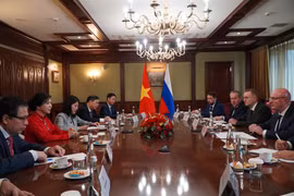 越共中央总书记夫人吴芳璃与俄罗斯副总理德米特里·尼古拉耶维奇·切尔内申科进行工作座谈。图自越通社