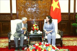 越南国家副主席武氏映春会见了“越南相遇”科学协会主席陈清云教授。图自越通社