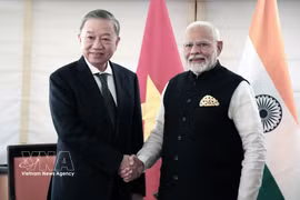 在出席第79届联合国大会和在美国工作期间，当地时间2024年9月23日下午，越共中央总书记、国家主席苏林在纽约会见了印度总理纳伦德拉·莫迪。图自越通社